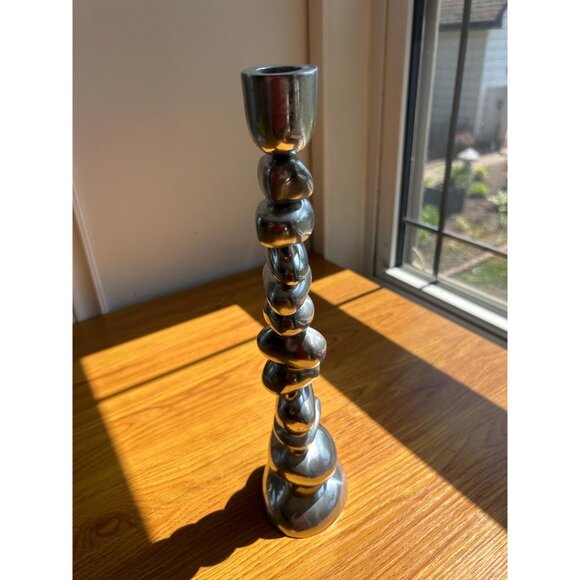 Metal silver stacked stone sculpture candle stick holder river rocks natural - Picture 2 of 5